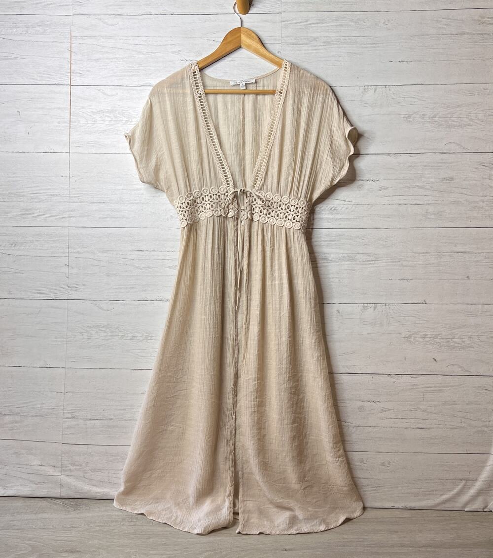 Love Tree Kimono Dress Womens Size Small Tan Bohemian Embroidered Romantic